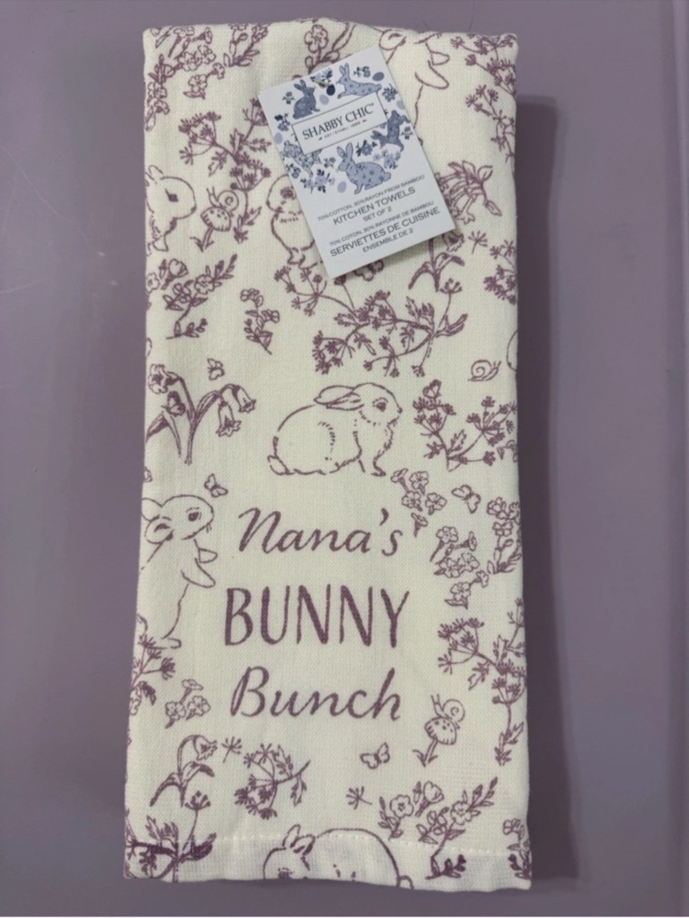 Shabby Chic 2-Pack Kitchen Towels Bunny Floral Pattern 70% Cotton Bamboo Blend